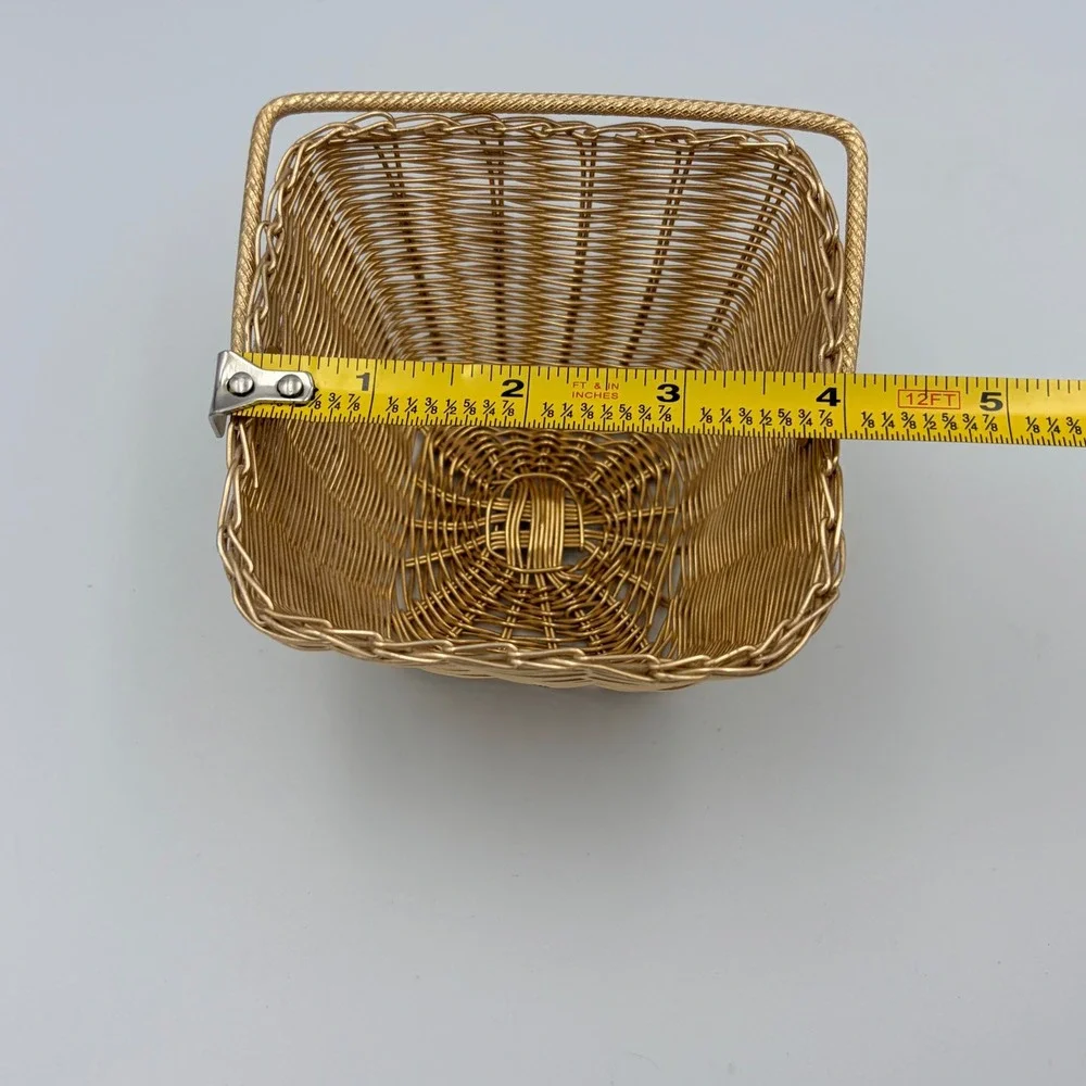 Gold Wire Woven Square‎ Basket With Handle Trinket Candy Storage Organizer